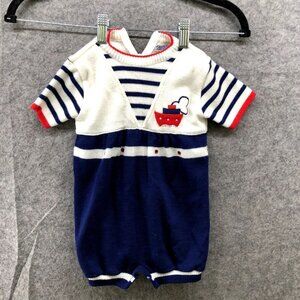 Vintage Friedknit Creations Knit Romper One Piece Baby 6-12M Sailor Nautical